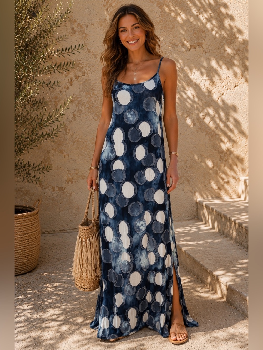 Vintage Sapphire O Blue Abstract Circle Print Maxi Dress